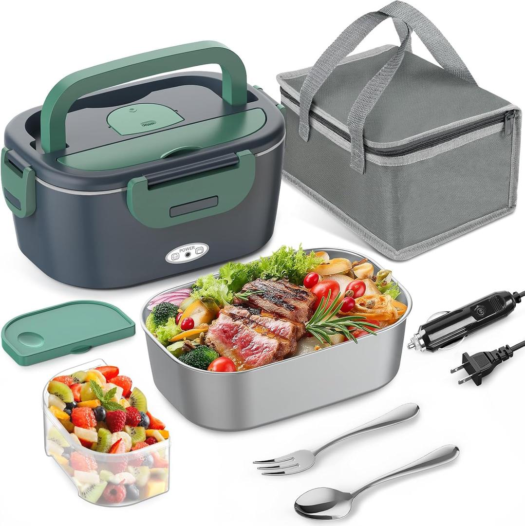 Electric Lunch Box for Adults, 80W Portable Food Warmer, 12V/24V/110V 3 in 1 Heated Lunch Box for Car/Truck/Office, with 1.5L Stainless Steel Container, Fork & Spoon and Insulated Bag (Green)