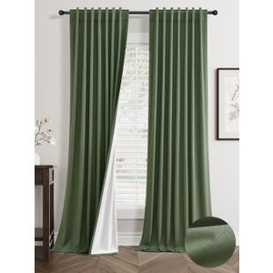 Olive Green Linen Blackout Curtains 96 Inch Length 2 Panels Set for Living Room Bedroom Thermal Noise Reduction 100% Black Out Linen Drapes Room Darkening Window Curtains 96 Inches Long Back Tab