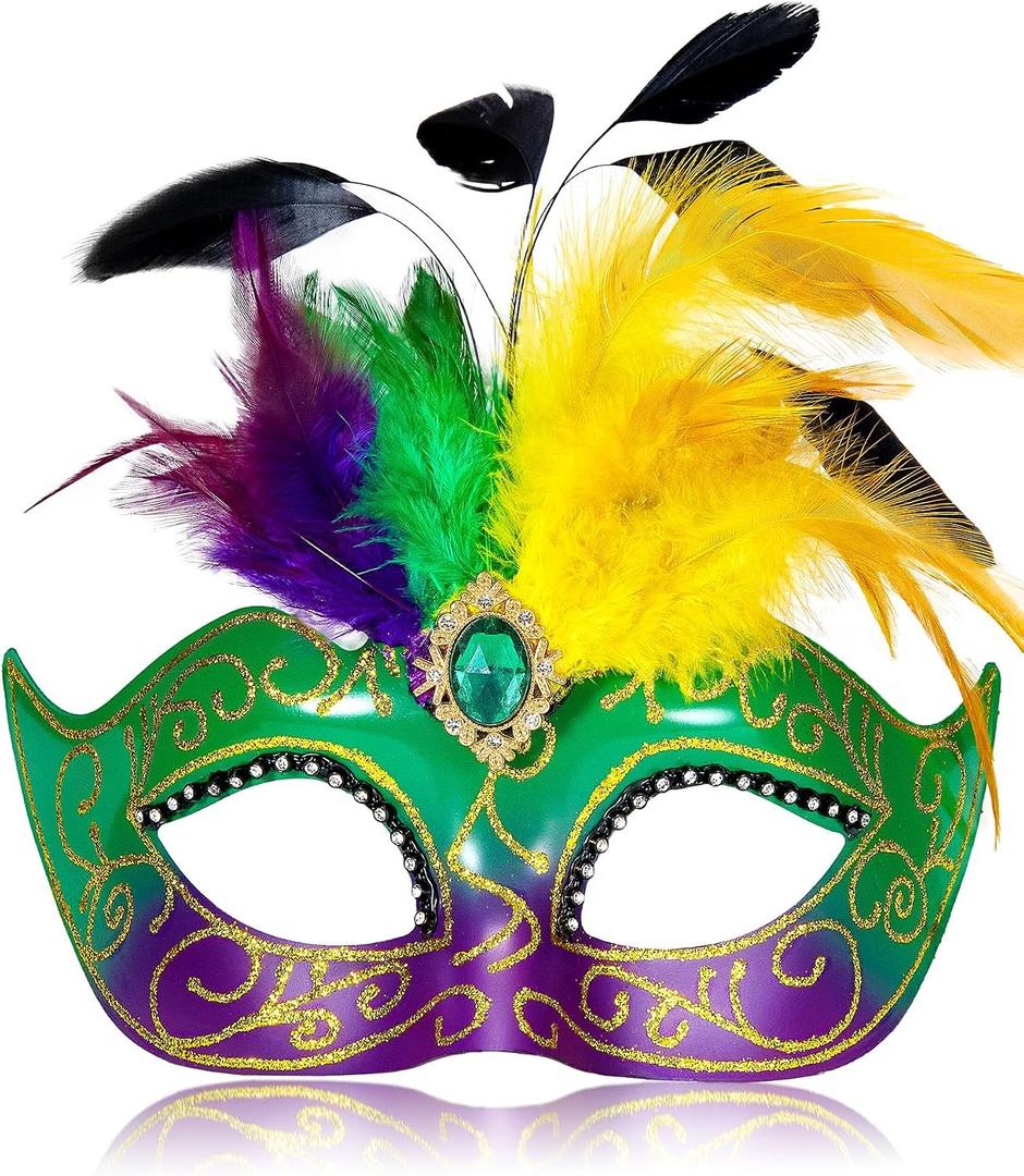 2 x MYSEUNI 2025 Masquerade Mask for Women with Feathers - Venetian Masquerade Mask for Carnival Ball, Mardi Gras, Prom