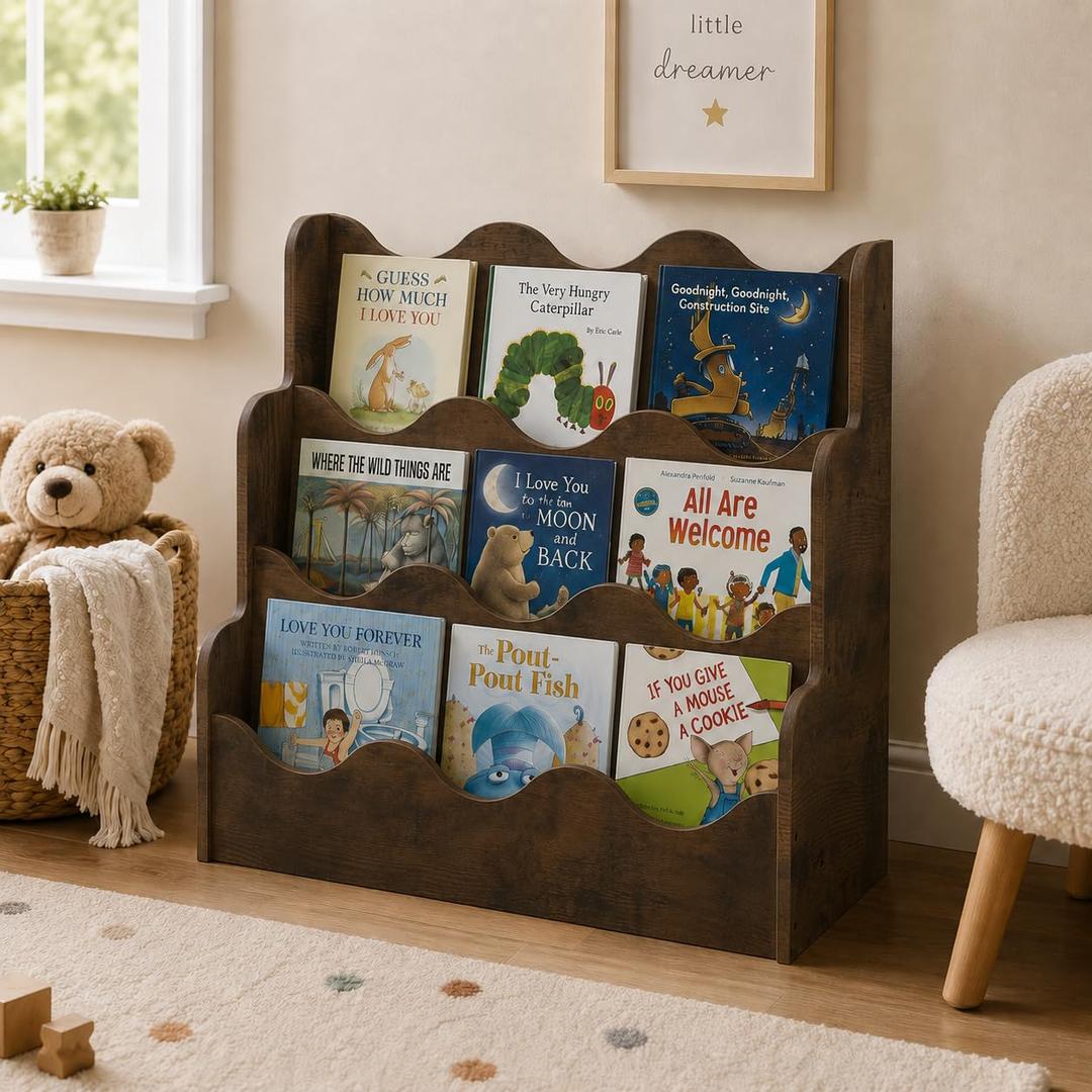 NACHES 3-Tier Montessori Bookshelf for Kids - Wooden Front-Facing Book Display Rack with Wave Design, Toy Organizer for Toddler Nursery, Bedroom, Classroom & Playroom, Middle Rustic Brown