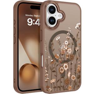 DOMAVER for iPhone 17 Case, Magnetic Phone Case for iPhone 17 [Compatible with MagSafe] Slim Fit Flowers Floral Design Shockproof Protective Bumper Women Men Girls Boys Cover- Brown