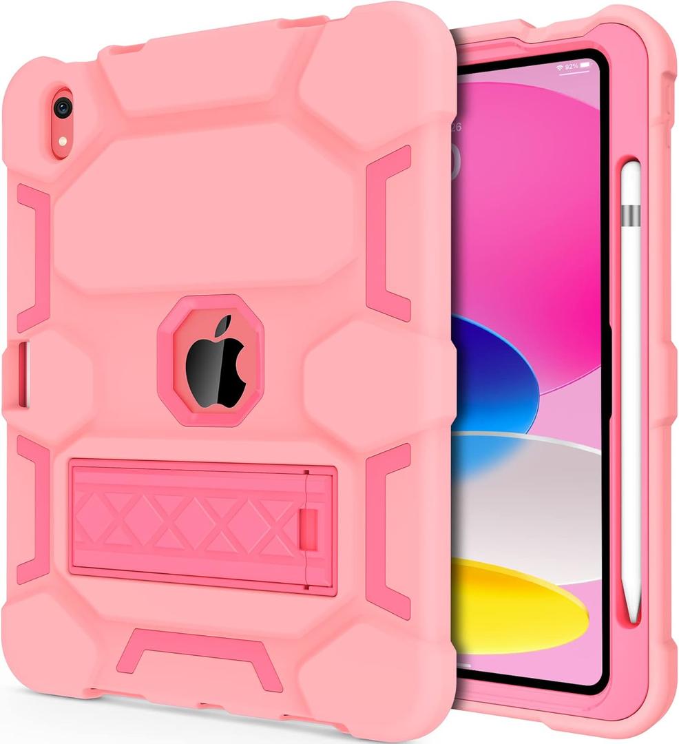 CCMAO Case for iPad (A16) 11th/10th Generation(2025/2022), iPad 10th Case with Kickstand & Pencil Holder, Heavy Duty Shockproof Hybrid Three Layer Protective Cover for iPad 11/10, Rose Gold+Rose