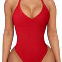 YMDUCH Women's Sexy Sleeveless Spaghetti Strap Ribbed V Neck Racerback One Piece Bodysuit Top, L