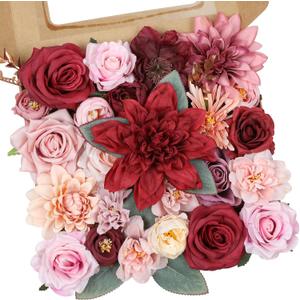 AmyHomie Burgundy Pink Artificial Flowers Combo Silk Mix Peony Rose Fake Flowers w/Stem for DIY Wedding Bouquets Centerpieces Arrangements Table Fall Decor Party Bridal Baby Shower Home Decorations