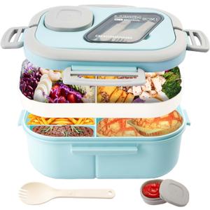 Adults Bento Lunch Box,Salad Container Large 43oz Salad Bowl, Bento-Style Tray for Toppings, 3oz Sauce Container for Dressings, and Built-In Reusable Fork (Green)