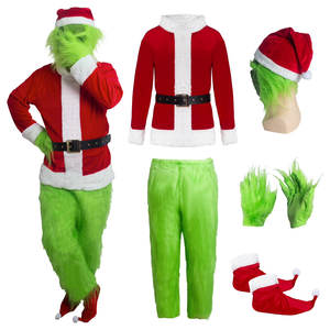 6PCS Green Monster Costume for Men, Adult Santa Costume with Mask, Coat, Belt, Gloves, Pants Small