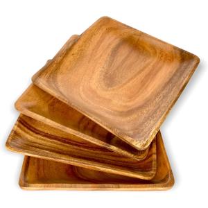 Wooden Plates Set of 4  8 Square Acacia Wood Plates, Rustic Salad, Side Dish, and Dessert Dinnerware for Snacks, Appetizers, or Wooden Chargers (8 x 8 IN)