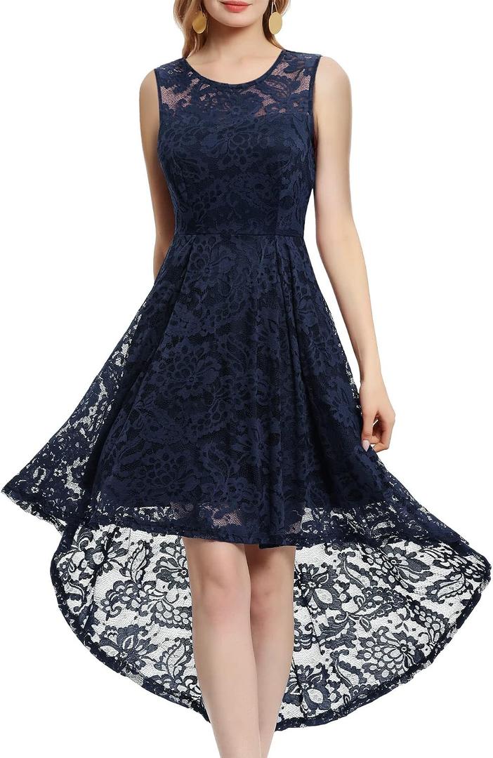 MUADRESS Vintage Wedding Guest Dress Tank Strap Floral Lace Hi-Lo Cocktail Dresses for Party, Navy, 2XL
