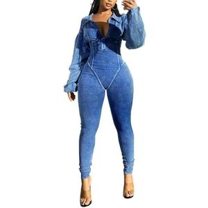 Voghtic Women's Sexy v Neck Bodycon Jumpsuit Distressed Long Sleeve Full Length Leggings Stretch One Piece Outfits, XL