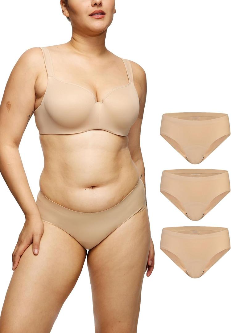 LEAKPROOF2.0 Seamless Bikini Period Underwear for Women | Period Panties Holds 6 Tampons | Incontinence Leak Proof Underwear (XXS/XS,3-Beige)