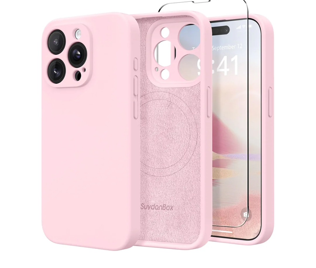 Magnetic for iPhone 14 Pro Case, Compatible with MagSafe, [Full Camera Protection][Screen Protector] Silicone Shockproof Protective Phone Case for iPhone 14 Pro 6.1", Chalk Pink