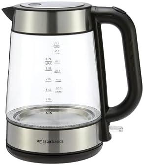 Amazon Basics 1.8-Qt (1.7L) Electric Kettle, Electric Tea Kettle & Water Boiler, With Auto Shut-Off, Boil Dry Protection, High-Safety Strix Thermostat, BPA-Free, 1500W, Glass Carafe, Black & Silver