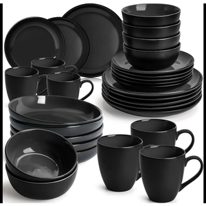 MIAMIO – 30-Piece, Service for 6 Dishware Set/Stoneware Dinnerware Set – Including Plates, Bowls and Mugs – Microwave & Dishwasher Safe – Le Papillon Collection (Black)