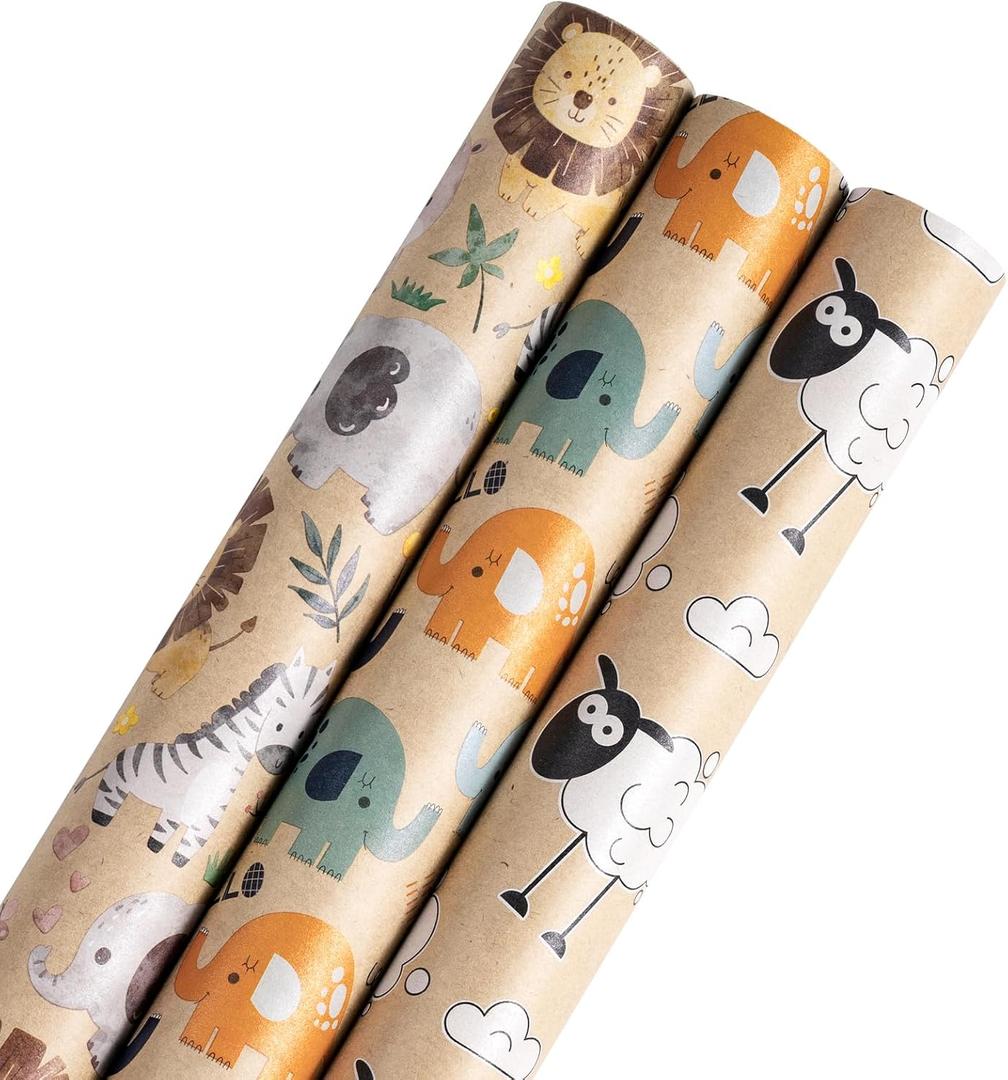 RUSPEPA Kraft Wrapping Paper Rolls, Mini Roll, Animal Design Great for Birthday, Spring, Party, Holiday, 17 inches x 10 feet per Roll, Total of 3