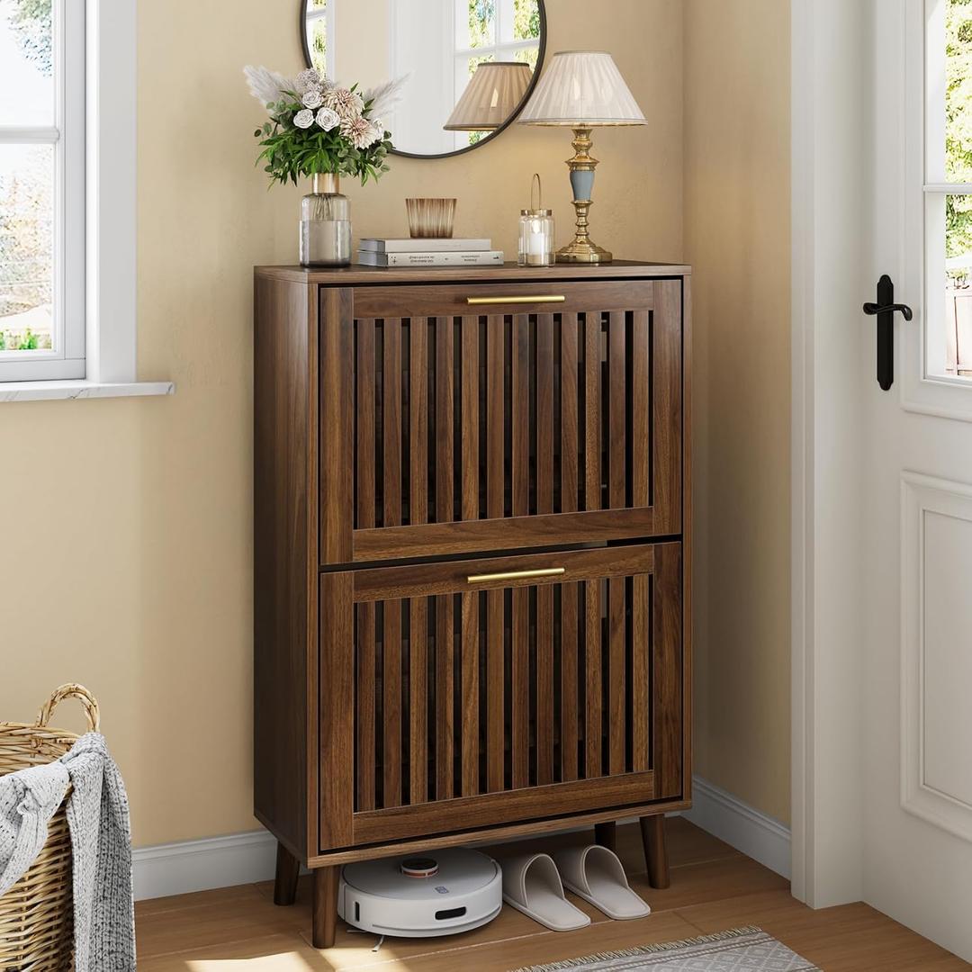 Shoe Cabinet for Entryway, Narrow Slim Shoe Storage with 2 Flip Drawers, 23.6" Wide x 9.45" Deep Hidden Shoe Rack with Slatted Design, Small Space Shoes Organizer for Hallway, Slim - 23.62" W