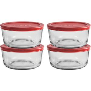 Anchor Hocking 4 Cup Glass Storage Containers with Lids, Set of 4 Glass Food Storage Containers with Red SnugFit Lids