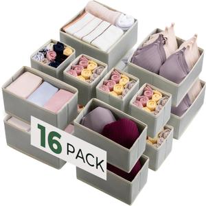 Kootek 16 Pack Drawer Organizer Clothes, Dresser Drawer Organizers for Clothing Fabric Foldable Closet Organizers and Storage Bins for Baby Clothes, Nursery, Underwear, Bras, Socks (Grey)