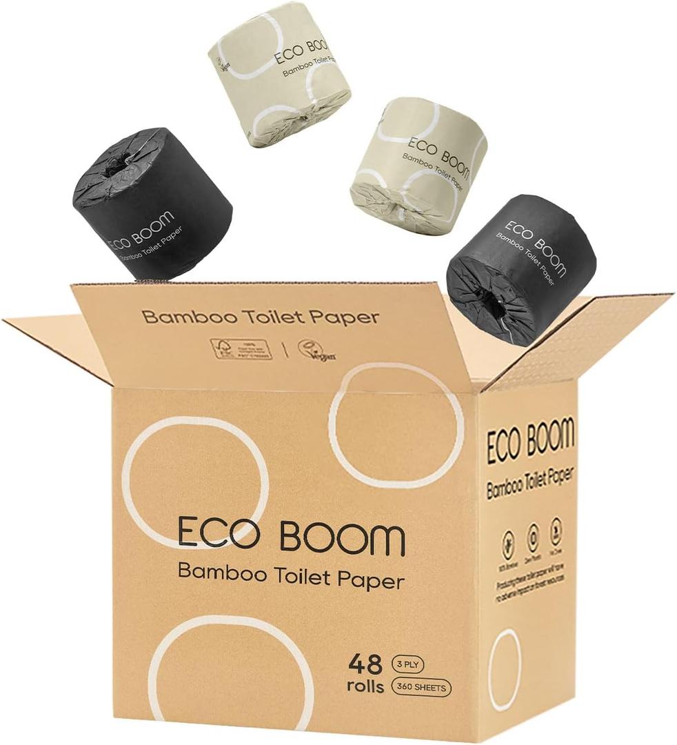 ECO BOOM Unbleached Bamboo Toilet Paper, 48 Mega Rolls, 100% Tree-Free 3-Ply, Plastic-Free Packaging, 360 Sheets | PFAS Free, BPA Free, Septic Safe & FSC Certified