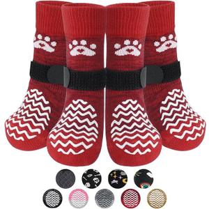 PUPTECK Anti Slip Dog Socks 2 Pairs with Double Grippers for Hardwood Floors, Shoes for Hot/ Cold Pavement, Boots & Paws Protectors to Prevent Licking, Traction Booties for Senior Small Large Dogs