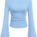 PRETTYGARDEN Womens Long Sleeve Shirts 2026 Spring Crop Going Out Tops Casual Boat Neck Bell Sleeve Ribbed Ruched Y2K Clothes (Medium, Sky Blue)