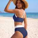 BMJL Women's High Waisted Bikini Sets for Women Color Block Ribbed Two Piece Swimsuit Removable Padding Full Coverage Bikini (S)