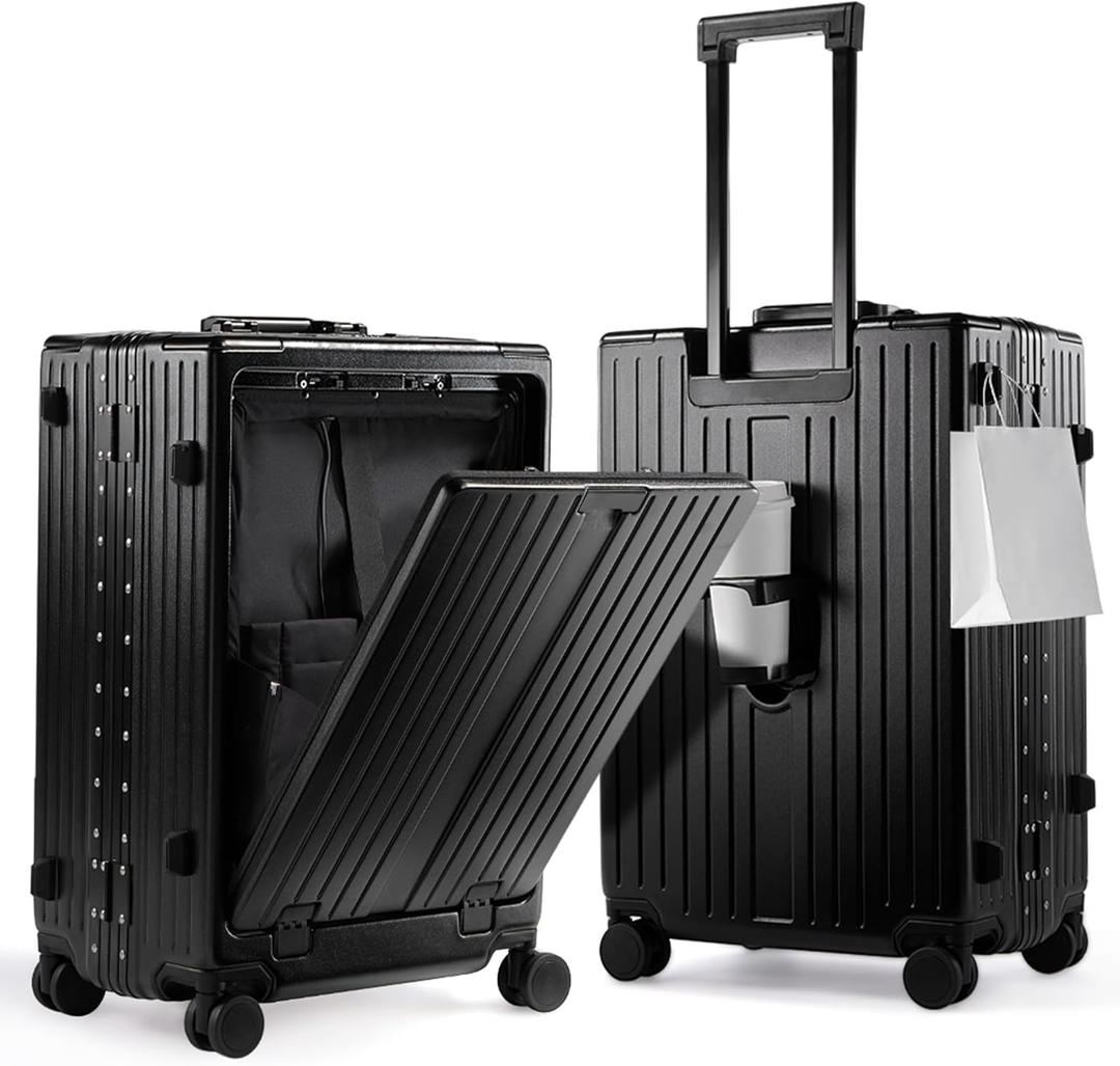 UrbanExplorer 24 Inch Check-In Aluminum Frame Luggage, ABS+PC Hard Shell Suitcases with Spinner Wheels TSA Approved Checked Luggage, Zipperless Suitcases with Cup Holder, Black