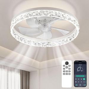 19.7" Low Profile Ceiling Fans with Lights and Remote, Ceiling Fans with Light/6 Wind Speeds/Stepless Color Temperature, Flush Mount Ceiling Fan for Bedroom, Living Room, Dining Room (White)