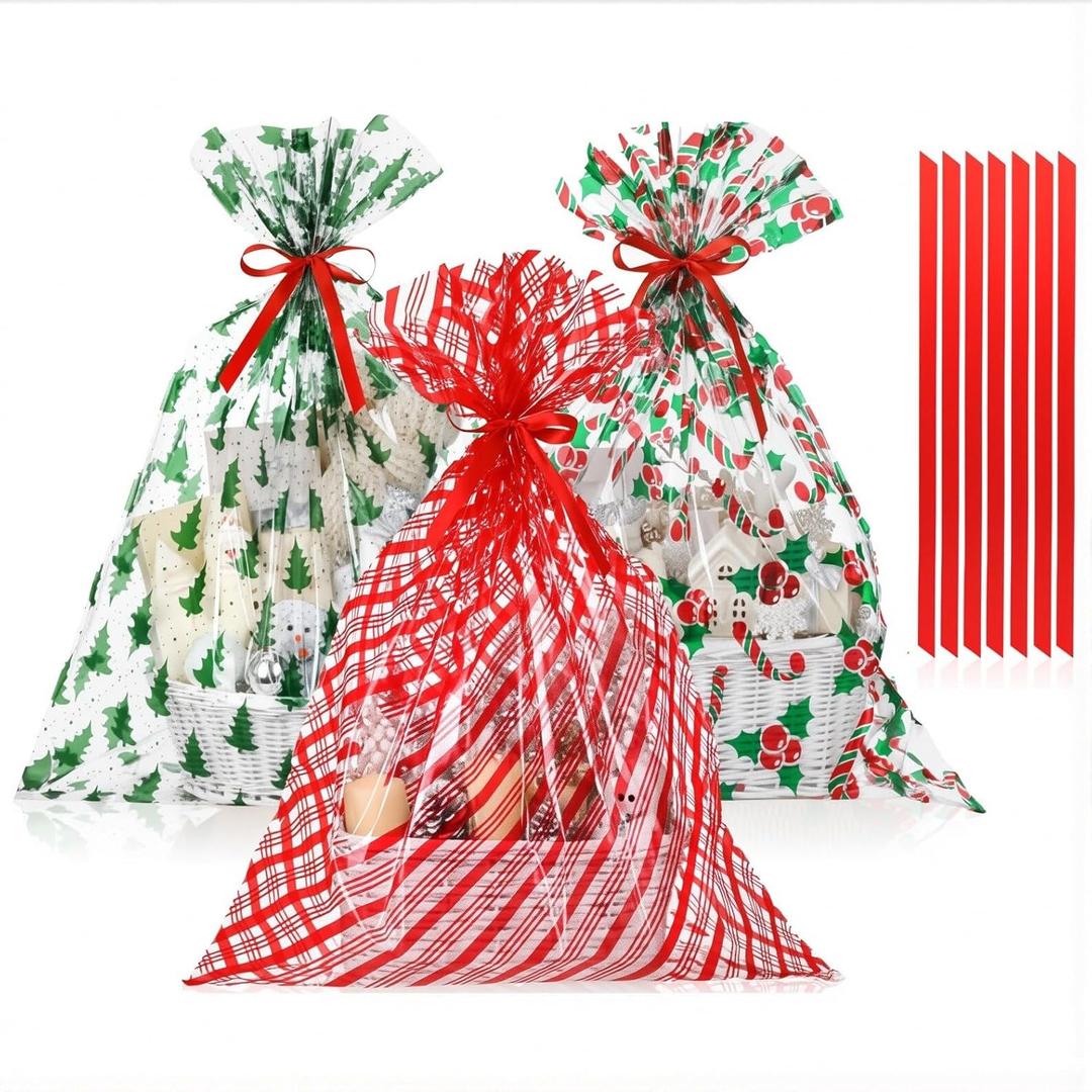 Tenceur 30 Pcs Palm Sunday Large Cellophane Gift Bags with Red Ribbons 25.6 x 31.5 Inch Clear Waterproof Holiday Basket Wrapping Festive Designs for Gifts, Crafts, Dolls, and Toys