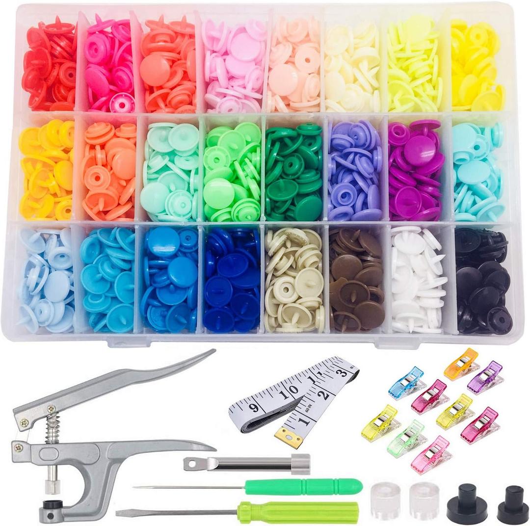 FQTANJU Snaps and Snap Pliers Set, 1440 Pcs T5 Plastic Buttons Set with 10pcs Sewing Clips and 1pcs Measuring Tape for Sewing, Snap Fasteners kit for Sewing, Clothing, Crafting, Diaper, Bibs (360Sets)