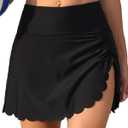 ANFILIA Women's High Waisted Swim Skirt Bottoms Ruched Scallop Trim Bathing Suit Skirts Split Tankini Swimsuit Bottom (Medium, Black)