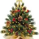 TURNMEON 18 Inch Tabletop Christmas Tree with Timer 30 Lights Battery Operated Star 12 Red Berry 4 Pinecone Realistic-Feel PE Artificial Mini Small Xmas Tree Christmas Decorations Table Home Indoor