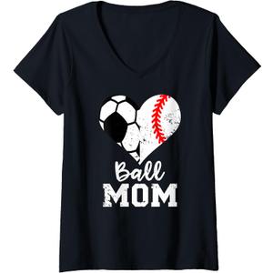 Womens Ball Mom Heart Funny Baseball Soccer Mom V-Neck T-Shirt (Black, S)