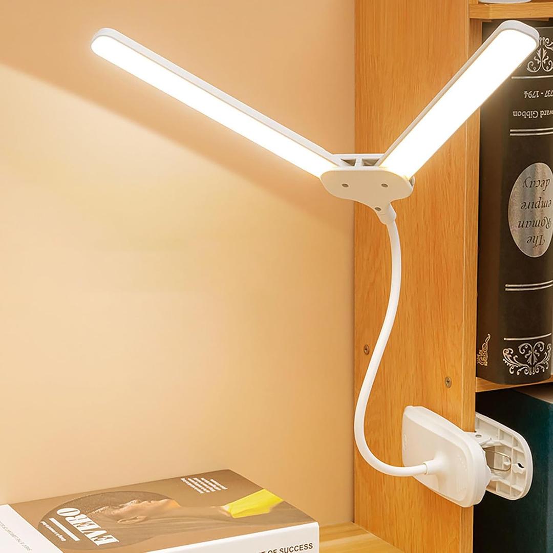 Dual Head LED Desk Lamp with Clamp, Eye-Caring Clip on Lights for Home Office, 4000mAh Rechargeable Battery Operated Table Lamps,3 Lighting Modes & Brightness Dimmer Light for Students (4000)