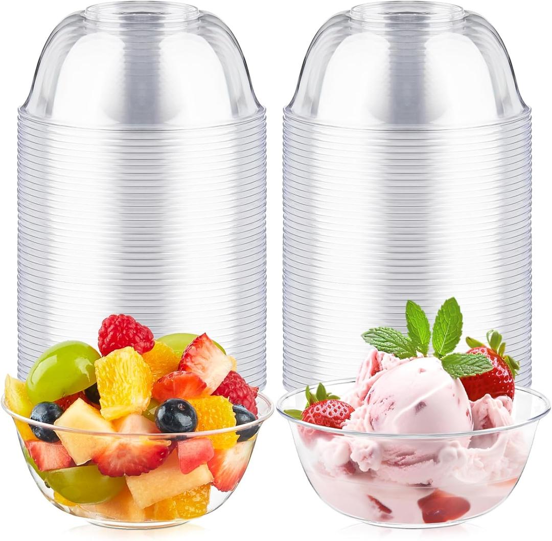10 oz Small Clear Plastic Bowls, 100 Pack Disposable Hard Plastic Party Serving Bowls for Salads, Ice Creams, Fruit, Desserts, Parfaits, Snacks
