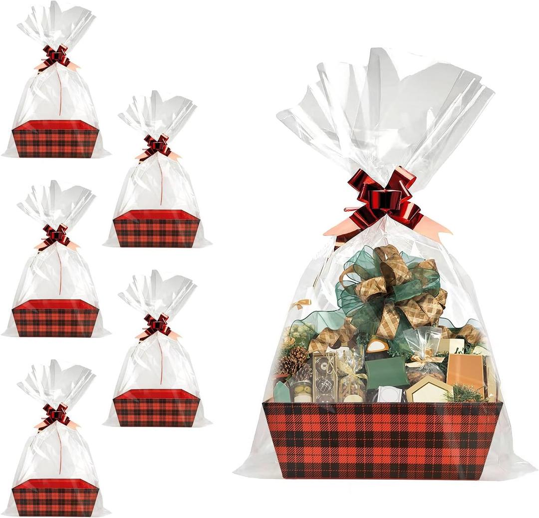 Basket For Gifts Empty, 5 PCS Sturdy Diy Bulk Gift Basket Kraft Market Tray Cardboard Basket With Handles, Gift Baskets Kit Supplies Wrap To Fill For Valentines Christmas Weddings Anniversaries (Red and Black Plaid)