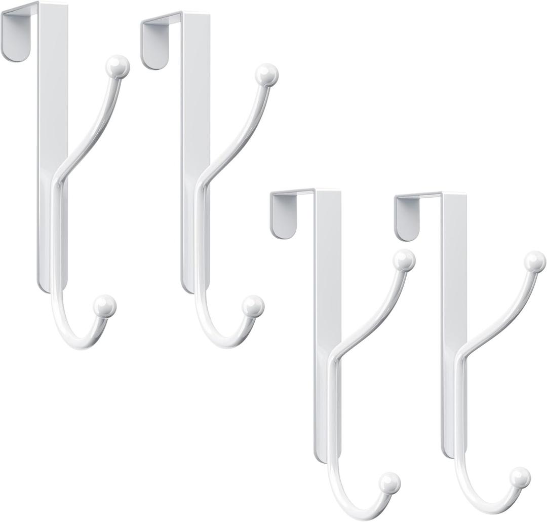 niffgaff Over Door Hook 4-Pack, Heavy Duty Door Hanger, Fits Interior Doors 1.4 Inches Thick, Organize Coats, Hats, Towels, and Bags for Entryways, Bathrooms, Bedrooms, and Kitchens, White