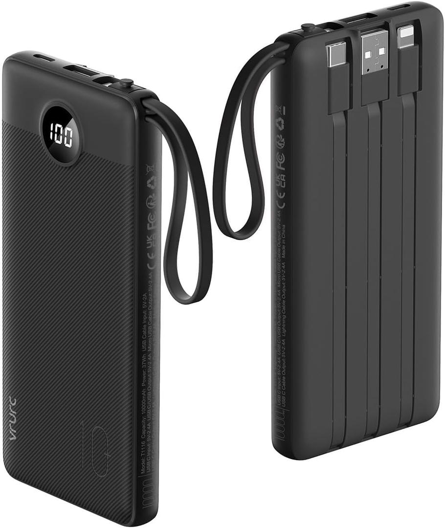 VRURC Portable Charger with Built in Cables, Slim Power Bank 10000mAh, USB C Battery Pack Travel Essential, 5 Outputs 2 Inputs Phone Charging Bank for iPhone 16 15 14 13,Samsung,Android-Black(1 Pack) VRURC Portable Charger with Built in Cables, Slim Power Bank 10000mAh, USB C Battery Pack Travel Essential, 5 Outputs 2 Inputs Phone Charging Bank for iPhone 16 15 14 13,Samsung,Android-Black(1 Pack)