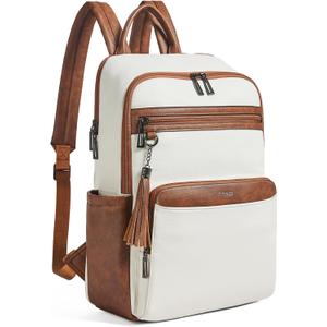 Leather Laptop Backpack for Women,Leather Backpack with Laptop Compartment Fit 15.6 inch Laptops,Carry-on Travel Backpacks,Casual Daypack for Work Business Weekender College,Beige