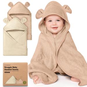 KeaBabies 2-Pack Hooded Baby Towels for Newborn - 30x30 Soft & Absorbent Viscose from Bamboo Baby Bath Towels with Hood for Infant, Toddler, Kids, Boys, Girls, Newborn Bath Essentials (Almond, Petite)