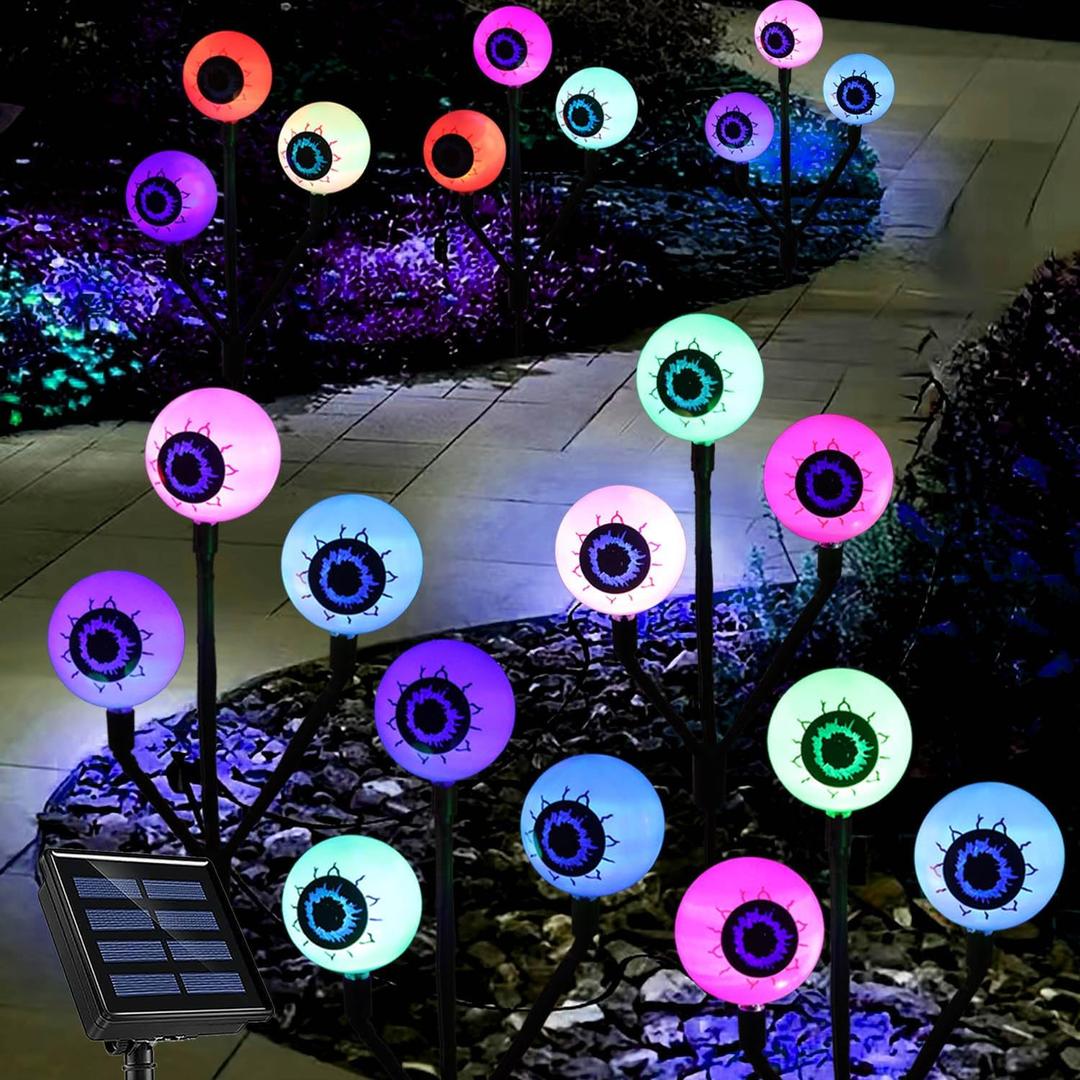 HUGSVIK Set of 4 Solar Halloween Decorations Outdoor, 12LED Color Changing Scary Eyeball Lights, Halloween Pathway Lights for Garden, Yard, Pathway, Patio