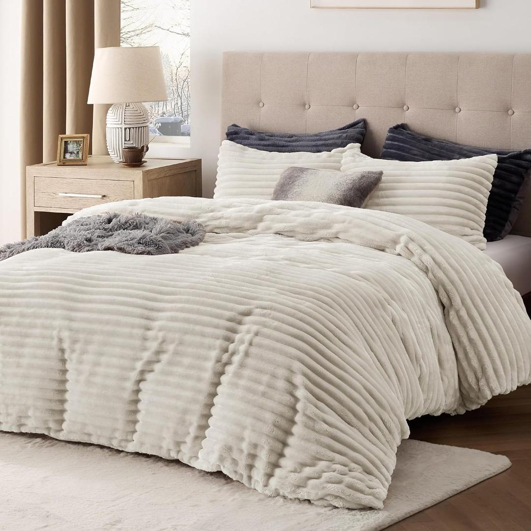Bedsure Fluffy Duvet Cover Set - Ultra Soft Plush Shaggy Comforter Cover Queen Size, Warm Flannel Fleece Bed Sets for Winter, 3 Pieces (Striped Pattern, Linen) (Queen (90" x 90"))