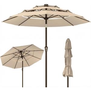 Kingdura 9ft 3-Tier Patio Umbrella, Outdoor Table Umbrella with Easy Crank & Tilt, 8 Reinforced Ribs, UV Protection for Deck, Pool, Market, Backyard (Beige)