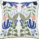 Embroidered Floral Navy Blue Throw Pillow Covers Decorative Green Leaves Tufted Patterned Cotton Cushion Cases Farmhouse for Couch Bed Living Room Decor 18"x 18"