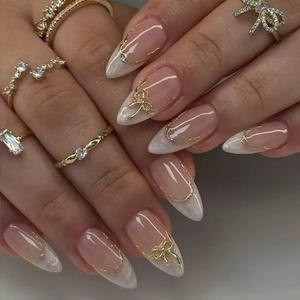 French Tip Press on Nails - Almond Fake Nails - Bow False Nails Press ons - Medium 3D Gold Acrylic Glossy - Cute Glue on Nails - for Women Artificial Stick on Nail 24 Pcs