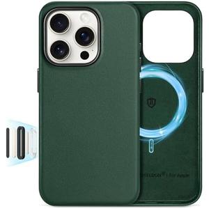 SHIELDON Genuine Leather Case for iPhone 16 Pro 6.3", Compatible with MagSafe, [Camera Button Updated], Magnetic Wireless Charging Slim Shockproof Protective Case with Camera Bump - Midnight Green