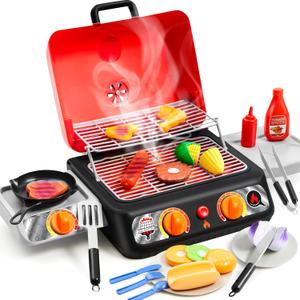 Kids BBQ Grill Playset, Kitchen Toy Set with Pretend Smoke, Light, Sound & ColorChanging Food, Play Kitchen Accessories, Indoor Outdoor Cooking Toy for Boys Girls Kids Birthday Gift
