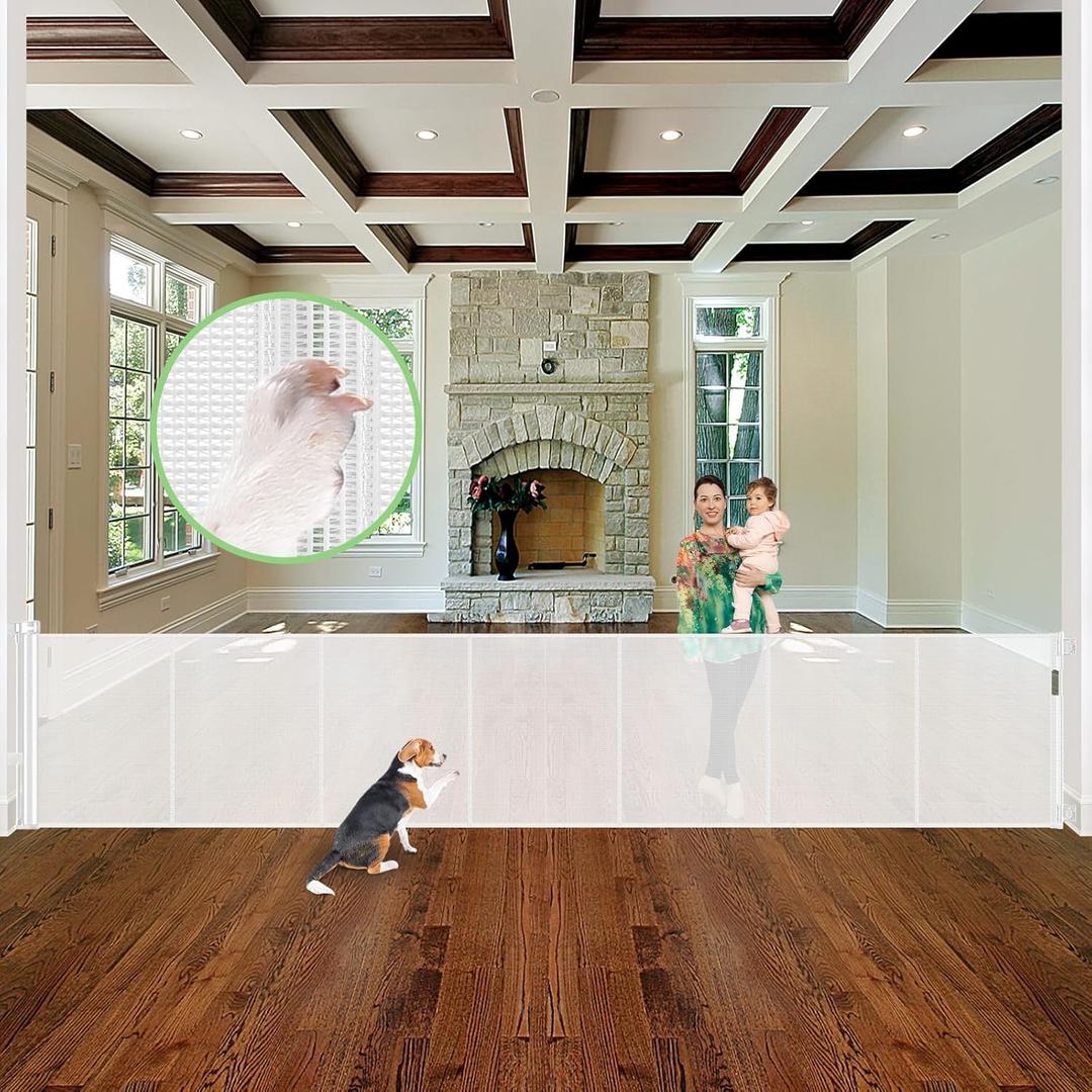Reinforced 155 Inch Retractable Baby Gates Extra Wide Retractable Dog Gate with Support Rods  Prevent Crawling Under, 13ft Extra Long Dog Gate Indoor Retractable Fence Outdoor Retractable Gate/White