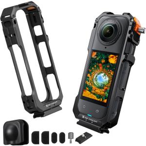 K&F CONCEPT Camera Cage for Insta360 X5, Aluminum Alloy Protective Case with Silicone Lens Cover, Frame with 2 Cold Shoe Mounts for Microphone and Led Video Light, Built-in 1/4" Screw Hole