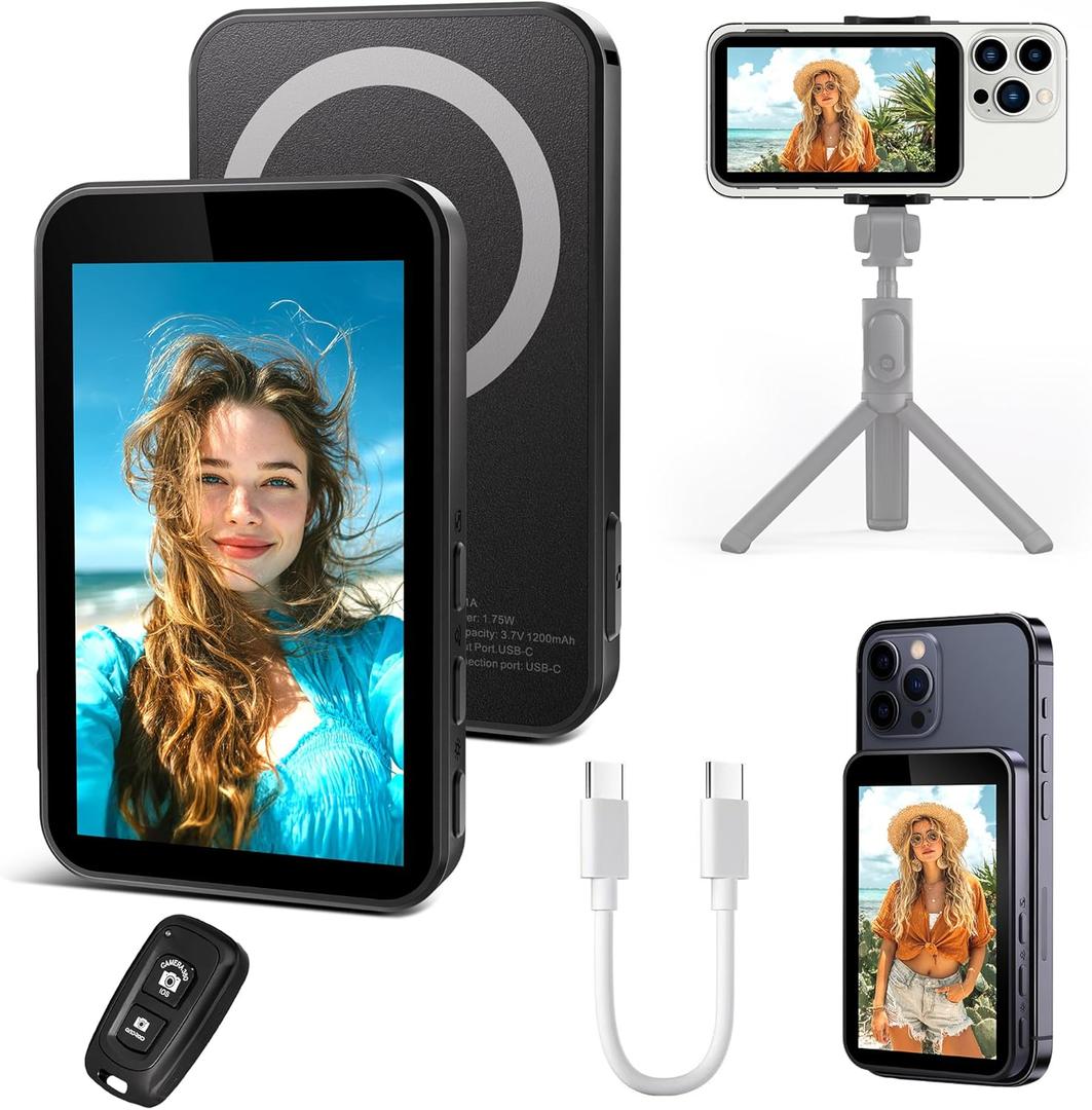 Vlog Selfie Monitor Screen, Wireless Magnetic Phone Selfie Monitor Screen for Rear/Back Camera for Vlog Live Stream TikTok, Built-in Speaker, Compatible with iPhone & Android (Black)