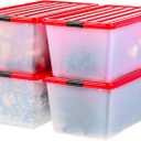 IRIS USA 91 Qt Stackable Plastic Storage Bins with Lids, 4 Pack - BPA-Free, See-Through Organizing Solution, Latches, Durable Nestable Containers, Secure Pull Handle, Made in USA - Clear/Red